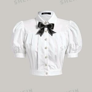 100% Cotton Mod Bow Front Puff Sleeve Fold Pleated Shirt XS